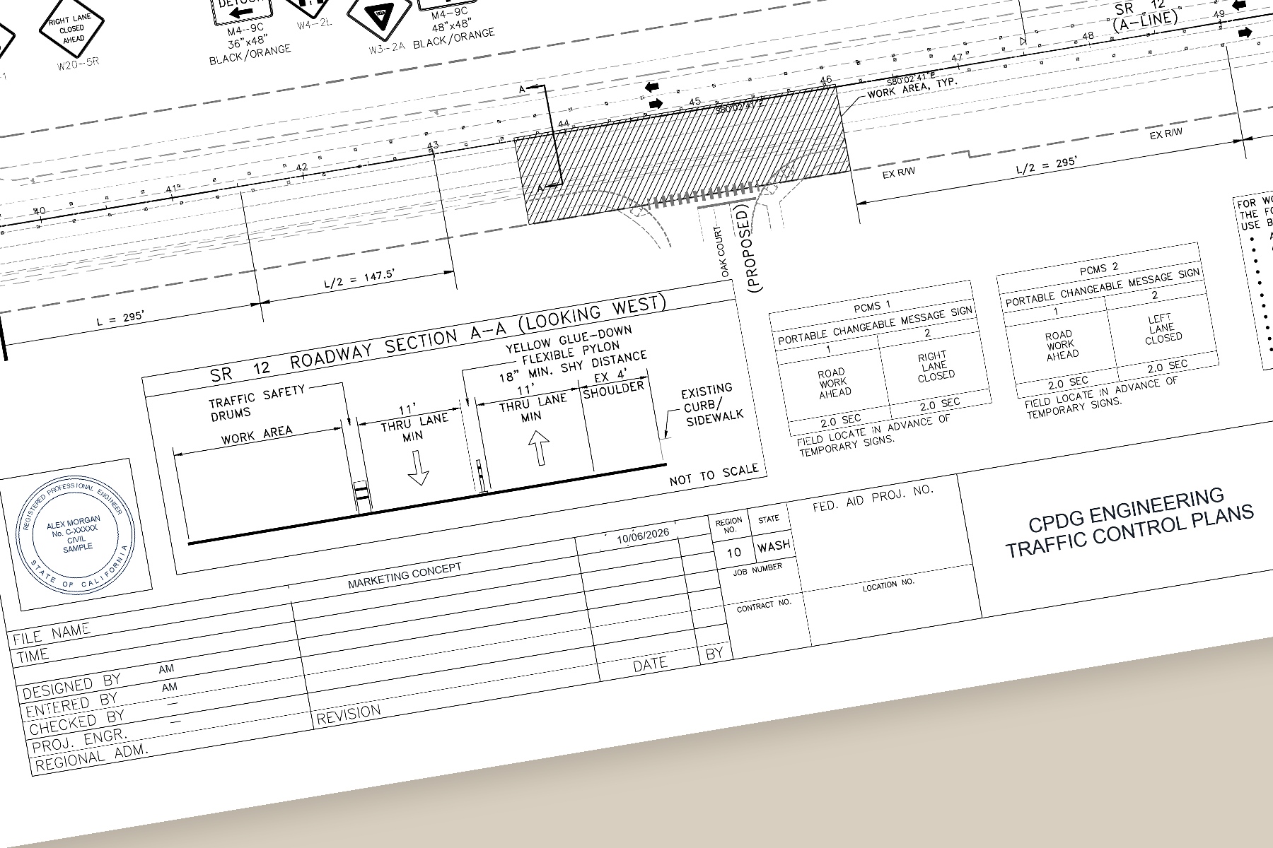 Angled traffic control plan detail with a sample California civil engineer seal and CPDG Engineering title block