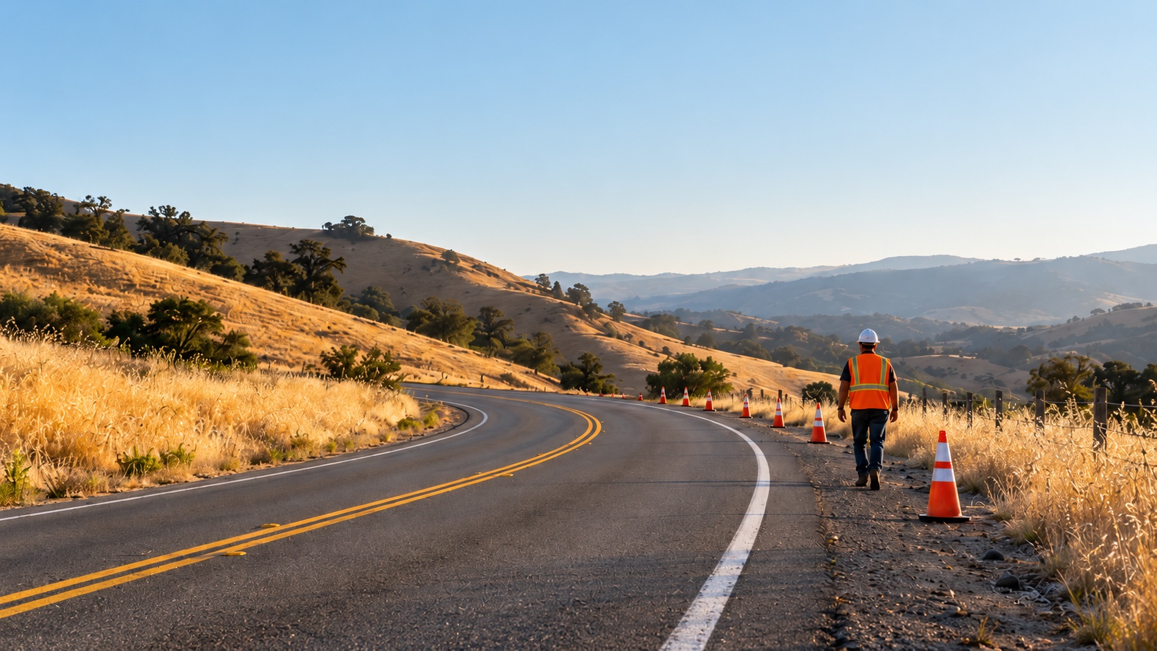 A road crew member and traffic cones beside a winding road through golden California hills